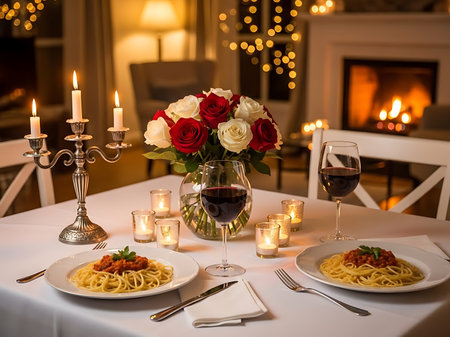 A beautifully set table with pasta red wine flowers and candles creates an atmosphere of romance and elegance perfect for a special dinner occasion at home The soft lighting adds to the cozy ambianceの素材