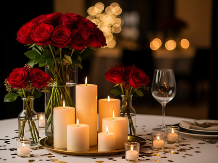 An elegant dinner table decorated with red roses and candles The soft lighting and arrangement of the flowers create a romantic and intimate atmosphere Perfect for a special occasionの素材