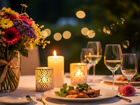 Elegant dinner setting with candles flowers wine glasses and plated food conveying a romantic and celebratory atmosphere for a special occasion The soft lighting adds to the intimate ambianceの素材