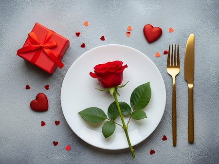 A romantic Valentines day dinner table setting features a red rose on a white plate Golden cutlery and heart shaped confetti adorn the textured grey background creating a beautiful and intimate celebrationの素材