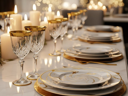 A beautifully decorated dinner table set with fine china crystal glasses and candles perfect for an intimate gathering or celebrationの素材
