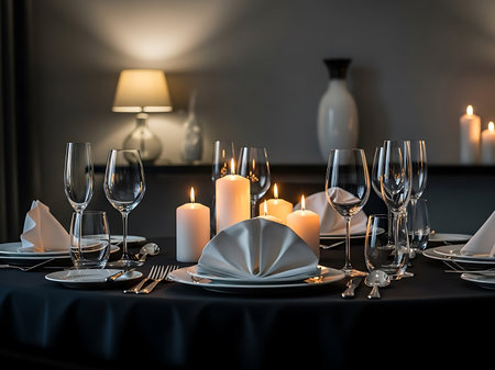A beautifully decorated dining table with lit candles glassware and folded napkins Represents elegant dining romantic settings and special occasion dinnersの素材