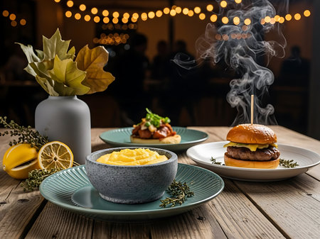 A beautifully styled food photography shot featuring a burger appetizer and polenta arranged on a wooden table with lemons and autumnal leaves in a restaurant settingの素材