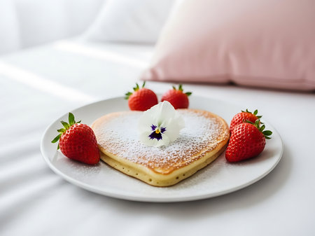 A heart shaped pancake dusted with powdered sugar and adorned with a small white flower surrounded by fresh bright red strawberries on a white plate The scene evokes a sense of romance and culinary delightの素材
