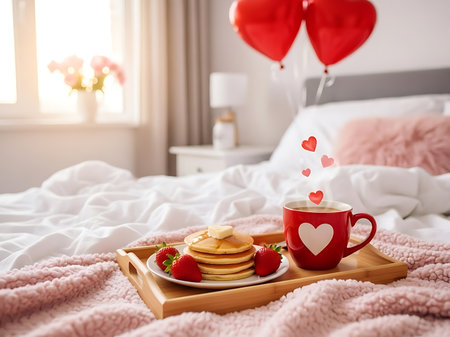A delicious breakfast of pancakes with butter strawberries and a cup of coffee with heart decorations is served on a wooden tray on a cozy bed balloons in the background Valentines day celebrationの素材