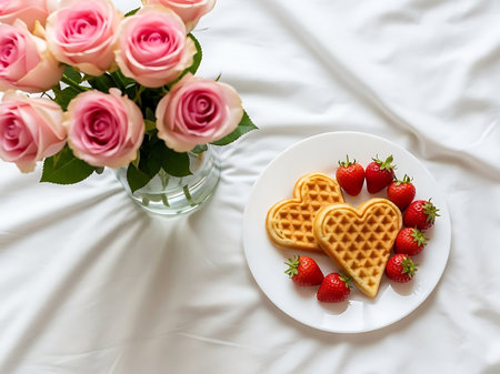 A delightful image featuring heart shaped waffles and strawberries served on a white plate next to a vase of pink roses arranged on white bedding creating a romantic and inviting sceneの素材