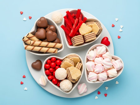 Heartshaped bowls filled with various candies and sweets isolated on a light blue backgroundの素材