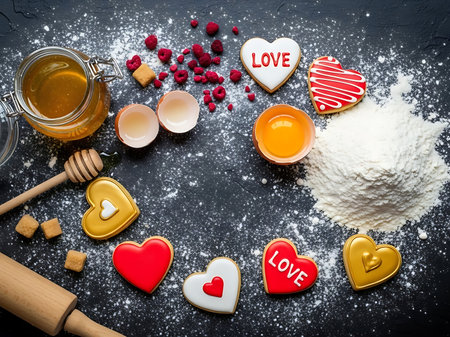 Heartshaped cookies with honey flour eggs and berries isolated on a transparent backgroundの素材