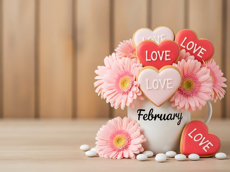 Heartshaped cookies with the word love and pink flowers in a white vase isolated on a wooden backgroundの素材