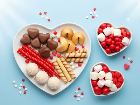 Heartshaped plates filled with various candies and cookies isolated on a light blue backgroundの素材