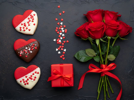 Heartshaped cookies with red and white icing and heartshaped confetti scattered around a bouquet of red roses and a red gift box with a ribbonの素材