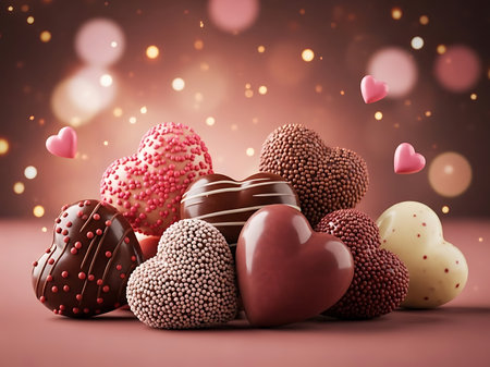 Heartshaped chocolates in pink white and dark chocolate isolated on a pink surface with bokeh lightsの素材