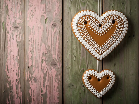 Two heartshaped gingerbread cookies with white icing hanging on a wooden doorの素材