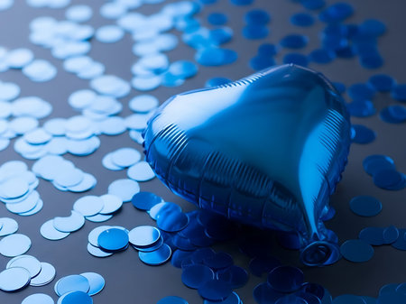 A single blue foil balloon lies amidst scattered blue confetti on a transparent background creating a festive atmosphereの素材