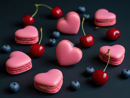 A visually appealing arrangement of heart-shaped pink macarons surrounded by vibrant red cherries and deep blue blueberries. The macarons are the centerpiece, with their delicate texture and soft pink hue, complemented by the glossy finish of the fruits. The dark background enhances the colors and makes the treats stand out, creating a festive and romantic atmosphere perfect for celebrations or special occasions.の素材