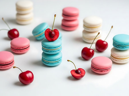A delightful arrangement of colorful macarons in shades of pink, blue, and white, topped with fresh cherries. The macarons are neatly stacked, creating an appealing and appetizing display.の素材
