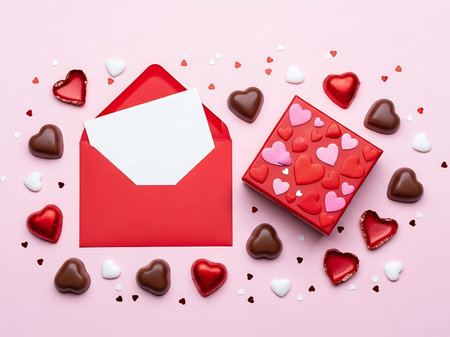 A vibrant image featuring a red envelope with a white interior, surrounded by an assortment of heart-shaped chocolates. The chocolates come in various colors including red, brown, and white, and are scattered around the envelope. Some chocolates are individually placed, while others are packed in a decorative box with a heart pattern. The background is a soft pink, adorned with small heart-shaped confetti, creating a romantic and festive atmosphere.の素材