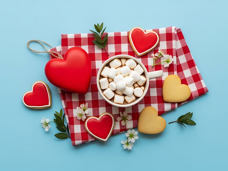 A charming Valentines Day arrangement with heartshaped cookies marshmallows in a cup and decorative hearts on a checkered clothの素材