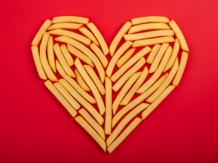 This image features a heart shape creatively formed using numerous golden-brown French fries. The fries are meticulously arranged to form the iconic heart shape, set against a vibrant red background. The composition is symmetrical, with the fries uniformly aligned to maintain the heart's distinct shape. The overall effect is visually appealing and suggests a playful or romantic theme.の素材