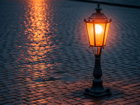 A vintage-style lamp post emits a warm glow, reflecting off the calm water surface nearby. The cobblestone path adds to the serene and nostalgic atmosphere of the scene.の素材