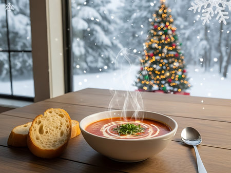 A bowl of steaming soup sits on a wooden table in front of a large window. Outside, a beautifully decorated Christmas tree stands in the snow, creating a warm and festive atmosphere. Accompanying the soup is a piece of bread and a spoon, enhancing the cozy winter scene.の素材