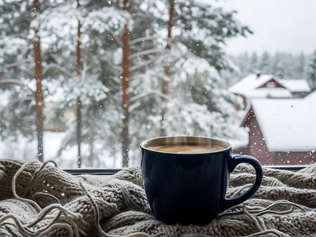 A steaming cup of coffee rests on a cozy blanket in a snowy landscape. The scene captures the tranquility of a winter morning with snow-covered trees and a distant cabin.の素材