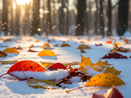 A serene winter scene featuring colorful autumn leaves scattered across a blanket of fresh snow. The sun casts a warm glow through the trees, creating a peaceful and picturesque atmosphere.の素材