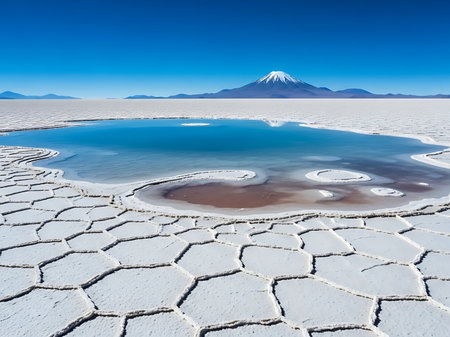 A tranquil scene of a salt flat with a small, clear blue pond reflecting a snow-capped mountain in the background. The foreground features cracked, white salt formations under a clear blue sky.の素材