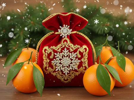 A beautifully decorated red gift bag adorned with a gold and white snowflake design sits prominently in the center. Surrounding the bag are several vibrant oranges, each with a small green leaf attached. The background features lush greenery and a gentle snowfall, creating a festive and cozy atmosphere perfect for the holiday season.の素材