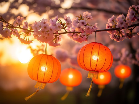 Cherry blossoms in full bloom with illuminated orange lanterns hanging from the branches at sunsetの素材