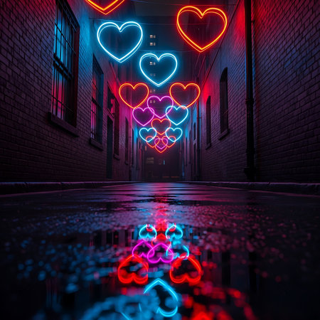 Neon hearts in various colors illuminate a narrow alleyway between brick buildings at nightの素材