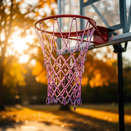 A basketball hoop with a vibrant beaded net and chains stands in a park during sunset surrounded by trees with autumn foliageの素材