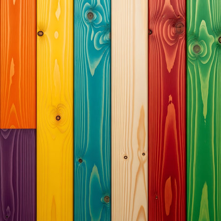 A collection of wooden boards painted in vibrant colors including orange yellow blue white red and green isolated on a transparent backgroundの素材