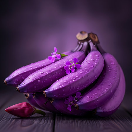A bunch of vibrant purple bananas with water droplets and delicate purple flowers on a rustic wooden tableの素材