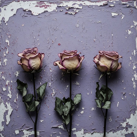 Three wilted roses with green stems and leaves are placed against a weathered purple wall with peeling paintの素材