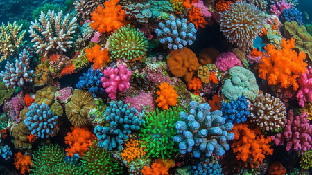A closeup view of a vibrant coral reef showcasing a variety of colorful corals isolated on a transparent backgroundの素材