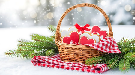 A wicker basket filled with heartshaped cookies decorated with red bows sits on a snowy landscape surrounded by evergreen branches and a checkered clothの素材