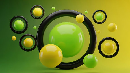 A vibrant 3D rendering featuring a large green sphere surrounded by smaller yellow and green spheres and black rings isolated on a transparent backgroundの素材