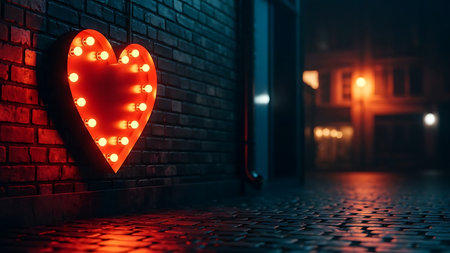 A glowing heartshaped sign with lights hanging on a brick wall in a narrow dimly lit alleyway during nighttimeの素材