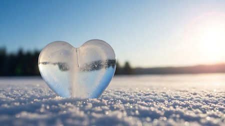 A clear ice heart stands in sparkling snow, illuminated by the warm, golden light of the sun on a cold winter day.の素材