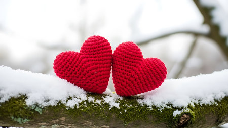 Two adorable red knitted hearts sit nestled on a snow-covered branch adorned with green moss, symbolizing rustic winter love.の素材