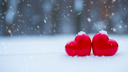 Adorable red hearts are nestled in soft snow as gentle snowflakes drift down around them.の素材
