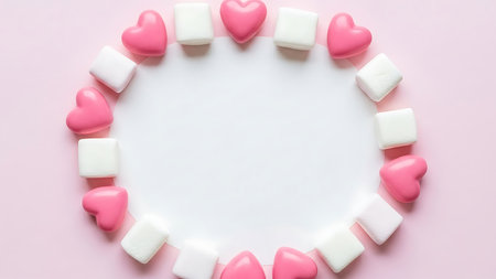 Pink hearts and white sugar cubes arranged in a circle on pink backgroundの素材