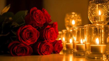 A bouquet of deep red roses illuminated by the warm glow of many small tea light candles.の素材