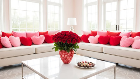 Bright elegant room filled with pink and red heart-shaped cushions, chocolates, and floral bouquet.の素材