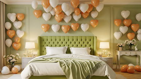 Cozy green bedroom interior decorated with white and orange heart-shaped balloons for a surprise.の素材