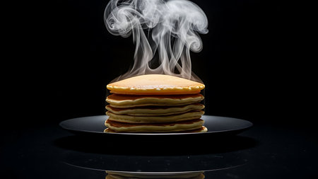 Dramatic studio shot of a stack of freshly cooked pancakes with visible steam rising against a dark backdrop.の素材
