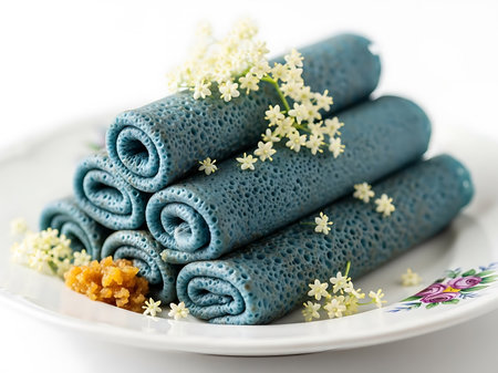 rolled blue crepes on a white plate with small white flowers and orange marmaladeの素材