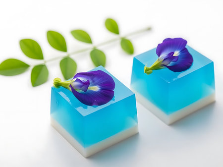two blue jelly cubes with white bottoms topped with purple flowers and green leaves on white surfaceの素材