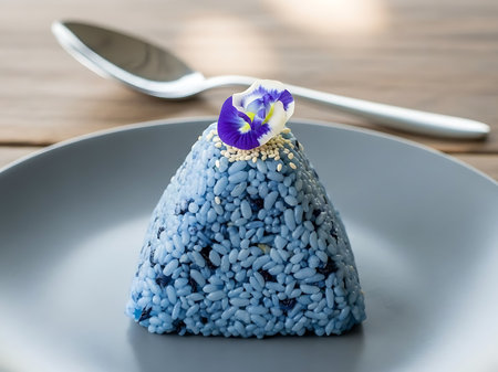 Blue rice shaped like a triangle topped with a purple and white flower and sesame seeds on a gray plate with a spoon in the backgroundの素材